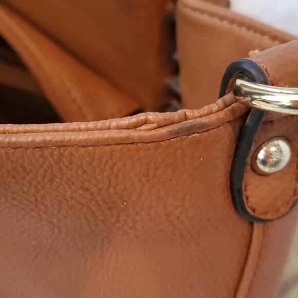 Black Rivet Purse Two Tone Black and Cognac Double Handle Bag w/Shoulder Strap - Picture 16 of 16